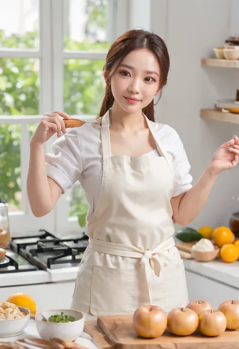 kitchens、fat Woman cooking、overweight, Gilet blanc、White apron、long trousers、Hold the pan in your left hand、Touch your head with your right hand、Background windows let in light、Sunnyday、Background kitchen water practice、fluency、small boobs、Cute smile、horse...