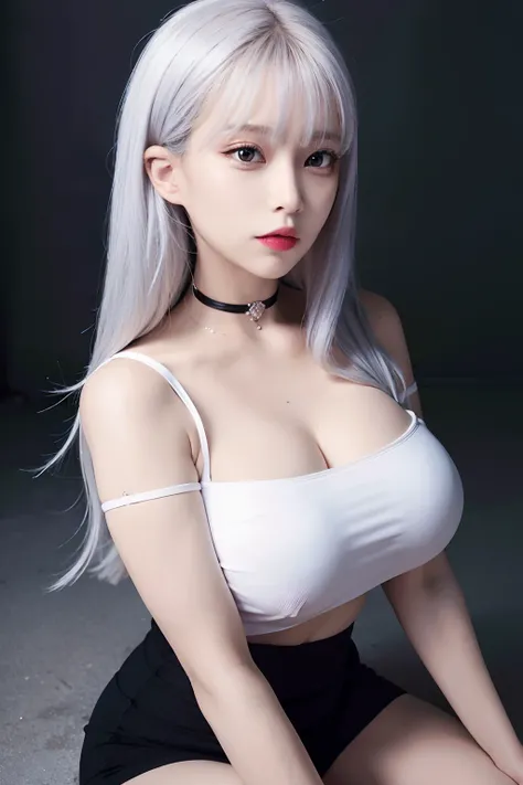 best quality, ultra high res, (photorealistic:1.4), 1girl, off-shoulder white shirt, black tight skirt, black choker, (faded ash gray hair:1), (huge breasts:1.2), looking at viewer, closeup