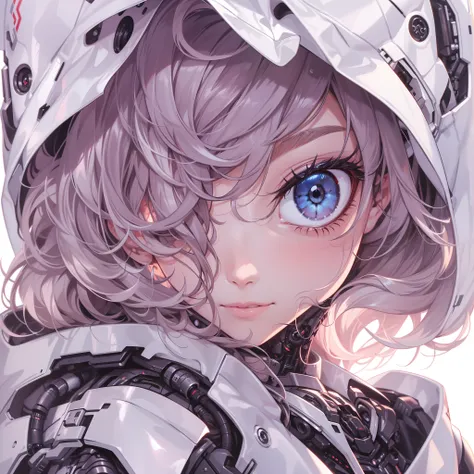 (8k wallpaper:1.2),(Ultra-high resolution:1.2),(masterpiece:1.1),wallpaper,High quality,masterpiece,(High detail), wearing a hoodie,1mecha human, cyborg, Cybernetic enhancements, robotic eyes,close up shot,short messy hairstyle, curly hair, simple backgrou...