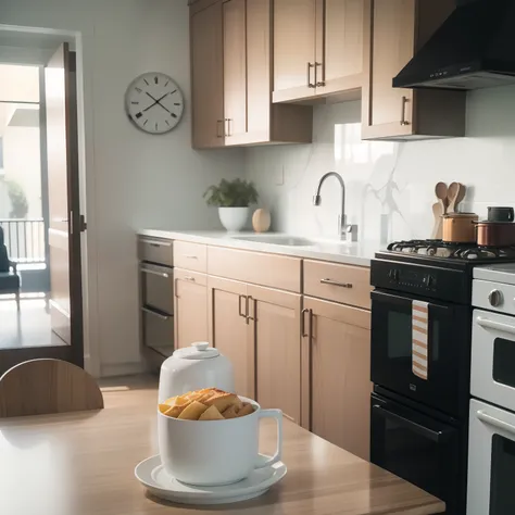 a gas stove，Marble tabletop，Foreground perspective，Kitchen background，Clean and simple kitchen environment，Served delicacies，rendering，OC