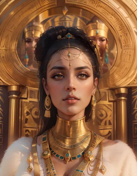 1 Queen of Egypt, golden jewelery, ancient Egypt, shiny fabrics, makeup, Masterpiece, Egyptian luxury, portraite of a, a closeup of a, In the background are the royal baths, Elegantly, filigree, Cinematic, 4k