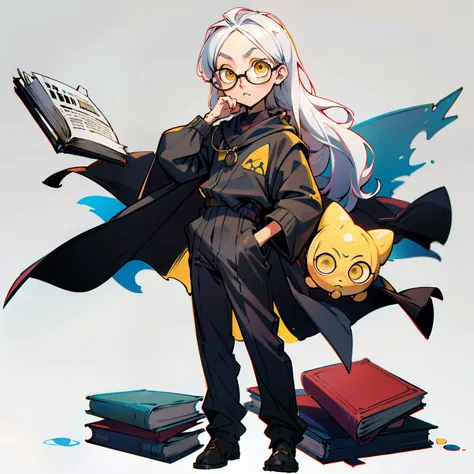 masutepiece, Best Quality, Full body shot, No background, White background
, Junior Schiff, Chibi, Boy, kid, Glasses, Intellectual, long white hair, Yellow eyes, Black skin color, Books