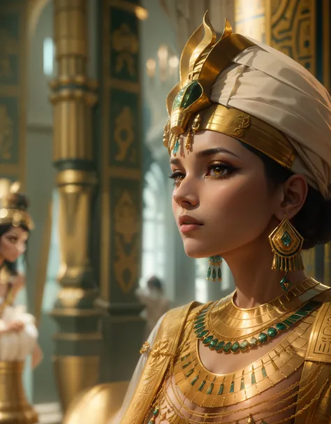 1 Queen of Egypt, golden jewelery, ancient Egypt, shiny fabrics, makeup, Masterpiece, Egyptian luxury, portraite of a, a closeup of a, In the background are the royal baths, Elegantly, filigree, Cinematic, 4k