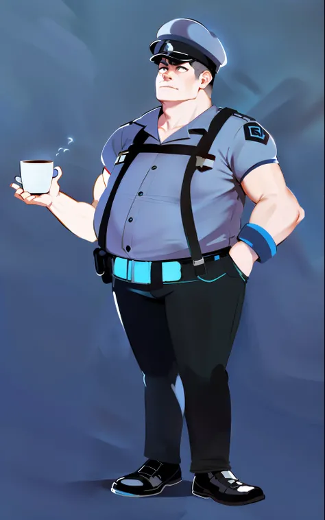 A publisher holds a cup of coffee, Character design Cyberpunk style!!, unrealistic character concept, Outfit: puff, full body character, officer, Single character full body, detailed full body concept art, (sfv) safe to work, full body character concept, b...