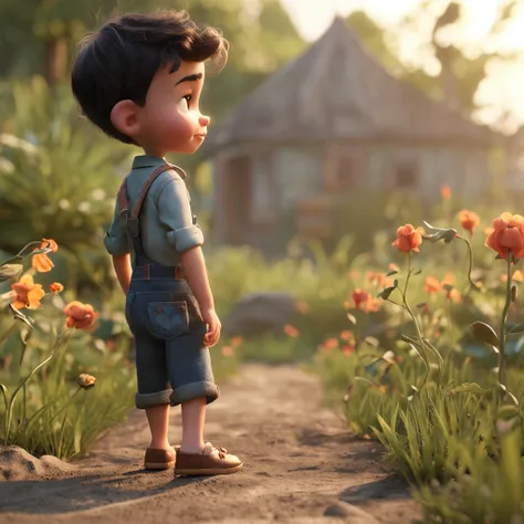 movie picture quality，Disney animation，style of disney animation，Disney movie animation，3D movies，China-style，Baby playing in a country field，Short hair and small braids，Denim suspenders，The barefoot，depth of fields，high light，Real light，Ray traching，oc re...