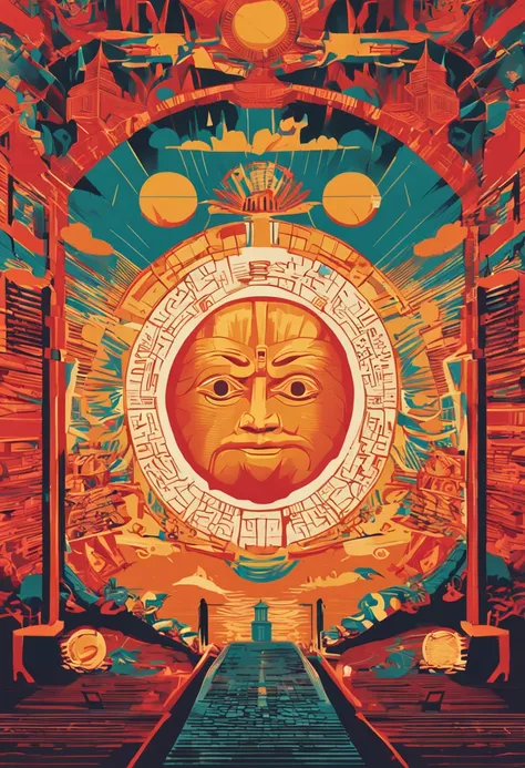 There is a poster of the sun on the head of the Forbidden City, Inspired by Ludvik Konazewski Jr, Inspired by Ludwik Konazewski, author：Frandišek Kavan, author：Ludvik Konazevsky, Komatsuzaki retro futurism, Inspired by Conrad Krafick