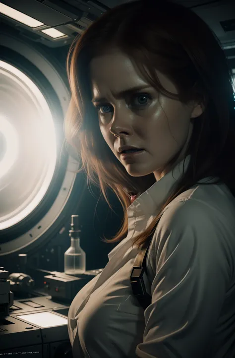 Hot terrified Amy Adams as a Scientist Hiding on Ishimura Horror Space Ship photography, natural light, photorealism, cinematic rendering, ray tracing, the highest quality, the highest detail, Cinematic, Third-Person View, Blur Effect, Long Exposure, 8K, U...