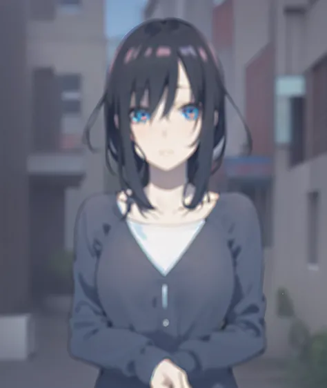 Anime girl with blue eyes and black hair standing in front of the building, anime visual of a cute girl, anime visual of a young woman, screenshot from guro anime, animated still, still from tv anime, fubuki, anime moe art style, saori, anime girl named lu...