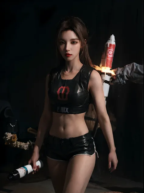 There was a woman in a leather jacket holding a bottle and a rocket, loba andrade from apex legends, cute girl wearing tank suit, muscular sweat lara croft, Tifa Lockhart, ff Tifa, Cyberpunk 2 0 y. o model girl, 3 D rendering character art 8 K, senna from ...