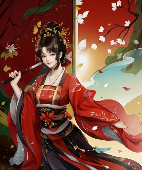 short detailed hair，red color Hanfu