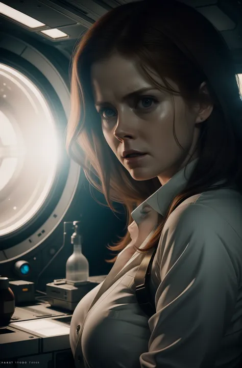 Hot terrified Amy Adams as a Scientist Hiding on Ishimura Horror Space Ship photography, natural light, photorealism, cinematic rendering, ray tracing, the highest quality, the highest detail, Cinematic, Third-Person View, Blur Effect, Long Exposure, 8K, U...