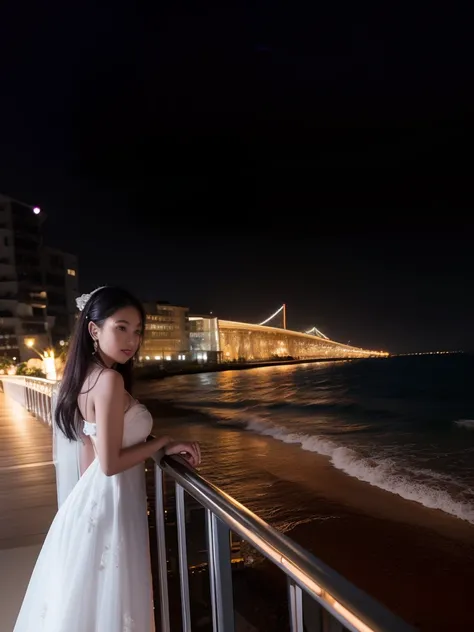 arafed woman in a white dress standing on a railing overlooking the ocean, taken with canon eos 5 d, photography at night, taken with canon eos 5 d mark iv, photo taken with canon 5d, taken with a canon eos 5d, taken with a canon eos 5 d, taken with sigma ...