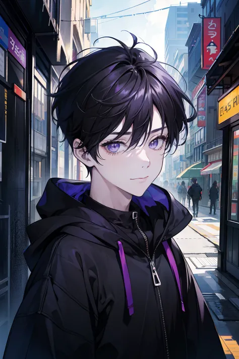 Young boy, 1boy, short, Bus stop, Purple eyes, Black hair, Messy hair, bangs between eyes, Best quality, day, Masterpiece, Colorful, Black hoodie, Upper body, wearing headphone, view the viewer, A slight smil, cunning, Face focus, Dutch angle, 4k high defi...