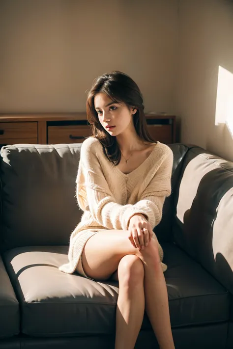 1girl,sitting on a cozy couch,crossing legs,soft light