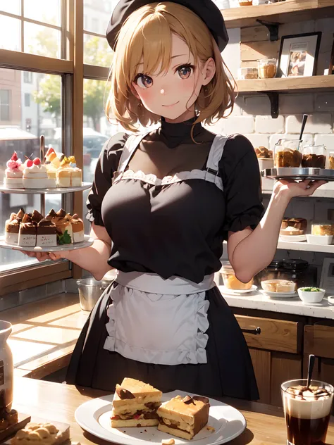 film photography, 1girl , (((whole body ))) , dynamic pose

Character: charming café owner
Style: heartwarming slice of life
Extraordinary Feature: ability to create delicious and magical treats
Action: Serving a tray of whimsical desserts with a warm smil...