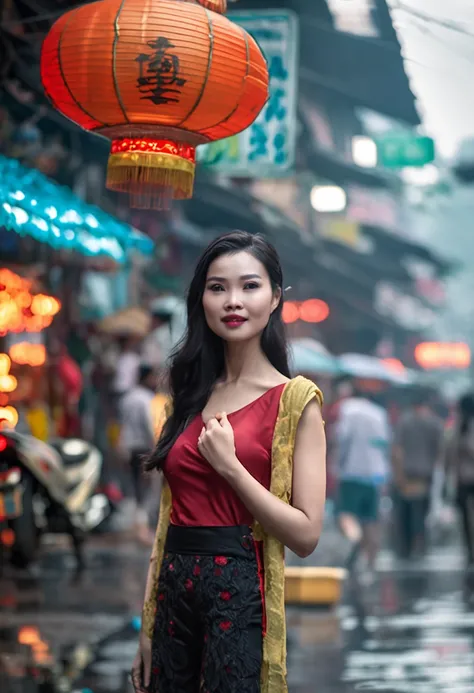 vietnamese gorgeous woman with black long hair detailed alluring eyes, high nose, beautyful face, happy, Thigh gap long sexy legs wearing ao dai Vietnam in beautiful futuristic cyberpunk+ city,, market of hanoi, mist, wet, raining, best quality masterpiece...