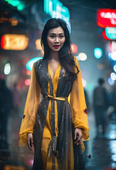 vietnamese gorgeous woman with black long hair detailed alluring eyes, high nose, beautyful face, happy, Thigh gap long sexy legs wearing ao dai Vietnam in beautiful futuristic cyberpunk+ city,, market of hanoi, mist, wet, raining, best quality masterpiece...