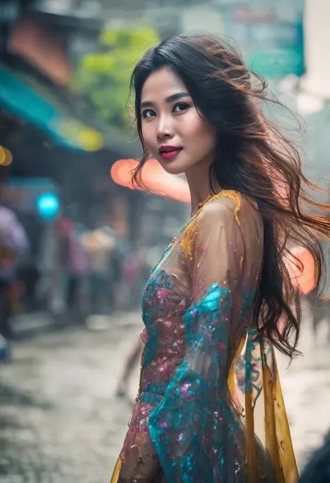 vietnamese gorgeous woman with black long hair detailed alluring eyes, high nose, beautyful face, happy, Thigh gap long sexy legs wearing ao dai Vietnam in beautiful futuristic cyberpunk+ city,, market of hanoi, mist, wet, raining, best quality masterpiece...