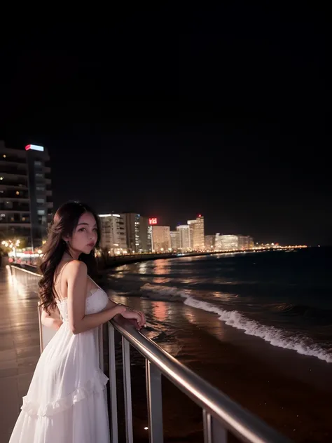 arafed woman in a white dress standing on a railing overlooking the ocean, taken with canon eos 5 d, photography at night, taken with canon eos 5 d mark iv, photo taken with canon 5d, taken with a canon eos 5d, taken with a canon eos 5 d, taken with sigma ...