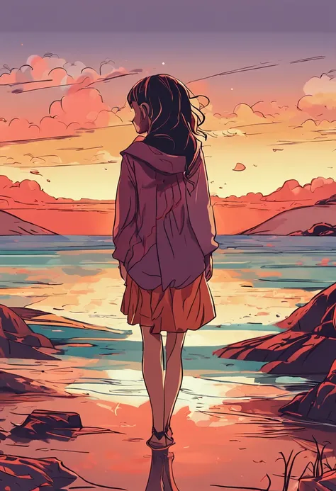 animesque, charicature, A wistful look, Illustration of a girl drawn on a beautiful sunset background