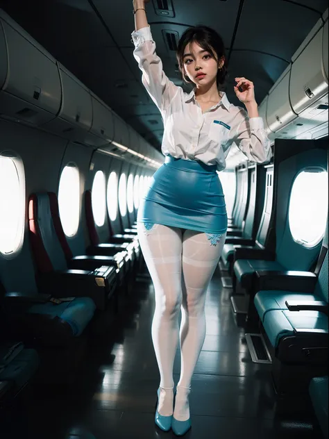 (full body:1.5)，((girl):1.4),(view the viewer:1.4)，(anatomy correct:1.3),(martial art pose on a plane:1.2),((colorful), (WHITE SHIRT BREAK BLUE PROFESSIONAL DRESS)):1.2),(((thick white and blue Pantyhose)):1.35),(black girl pointed thick heels :1.1)，,(Accu...