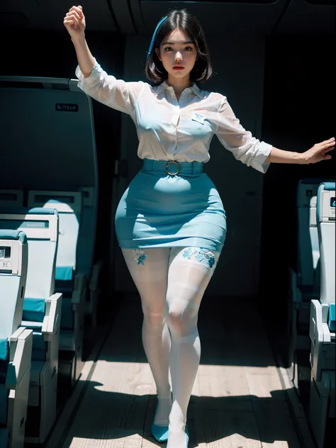 (full body:1.5)，((girl):1.4),(view the viewer:1.4)，(anatomy correct:1.3),(martial art pose on a plane:1.2),((colorful), (WHITE SHIRT BREAK BLUE PROFESSIONAL DRESS)):1.2),(((thick white and blue Pantyhose)):1.35),(black girl pointed thick heels :1.1)，,(Accu...