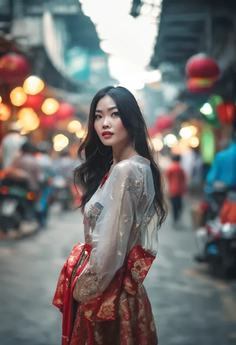 vietnamese gorgeous woman with black long hair detailed alluring eyes, high nose, beautyful face, happy, Thigh gap long sexy legs wearing ao dai Vietnam in beautiful futuristic cyberpunk+ city,, market of hanoi, mist, hot, sunny, best quality masterpiece, ...