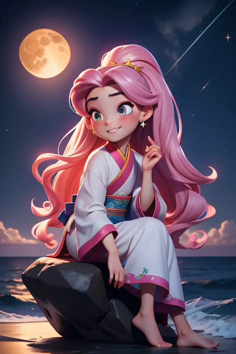 tmasterpiece, best qualityer, thirteen-year-old girl, long whitr hair，a pink-haired，hanfu，sit on the reef，one hand drags his chi...