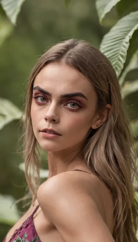 Hot young girl looks like Cara Delevingne model look in bikini, Tanned Mexican woman, Pouty lips, fantasy-inspired, good, Grows in the jungle against the background of a large plum, sly smile, Passionate gaze, Hot weather, Calf moisture, Hot summer