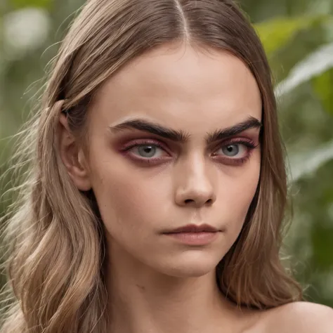 Hot young girl looks like Cara Delevingne model look in bikini, British woman, Pouty lips, fantasy-inspired, good, Grows in the jungle against the background of a large plum, sly smile, Passionate gaze, Hot weather, Calf moisture, Hot summer