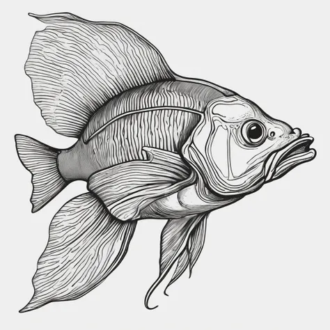 Elongated fish，Side view，The left eye is big，Elongated body，Tight skeleton，Stir-fry high resolution，Black line drawing，White background