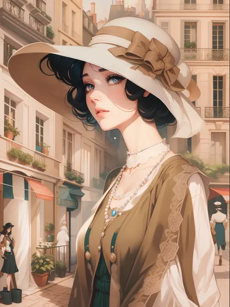 Parisian illustration from the 1920s with an air of elegance and charm. Ela tem curta, "para o menino" Estilo de cabelo, provavelmente marrom escuro ou loiro. Your face is enhanced by subtle makeup, with lips painted in a soft tone and eyes emphasized by e...