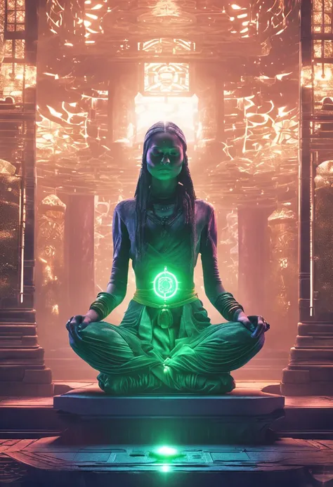 (Masterpiece:1.2),Best quality,Pisif,Taoist,(Meditation:1.1), Solo,A sexy girl ,Meditate cross-legged， Green glowing magic array, Float，Transparent,Realistic