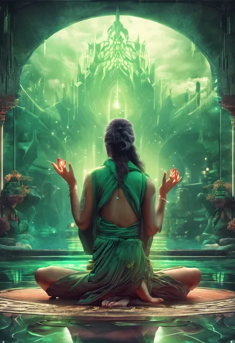 (Masterpiece:1.2),Best quality,Pisif,Taoist,(Meditation:1.1), Solo,A sexy girl ,Meditate cross-legged， Green glowing magic array, Float，Transparent,Realistic