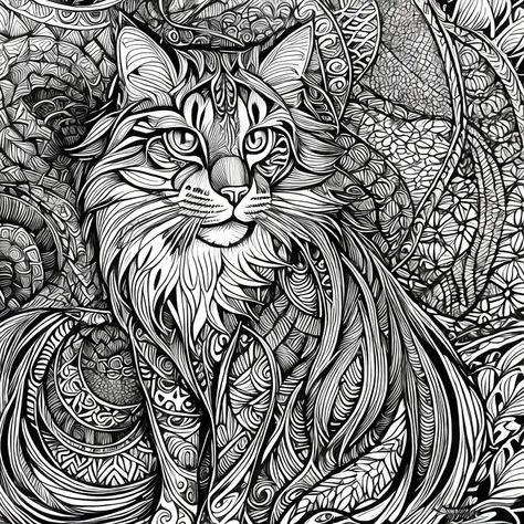 maincoon cat, (best quality) zentangle, fine line drawing, fine line art, colouring book illustrations, ultra-detailed, intricat...