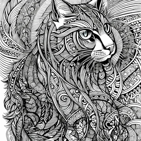 maincoon cat, (best quality) zentangle, fine line drawing, fine line art, colouring book illustrations, ultra-detailed, intricat...