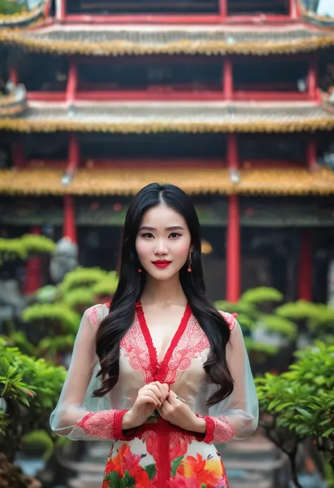 vietnamese gorgeous woman with black long hair detailed alluring eyes, high nose, beautyful face, happy, Thigh gap long sexy legs wearing ao dai Vietnam in beautiful futuristic in a garden of hanoi, mist, hot, sunny, best quality masterpiece, photorealisti...