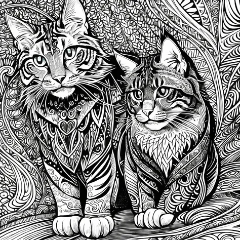 Maincoon cat, (best quality) zentangle, fine line drawing, fine line art, colouring book illustrations, ultra-detailed, intricate linework, highly detailed illustration, perfect composition, beautiful and stunning, dynamic angle, high contrast, incredible ...