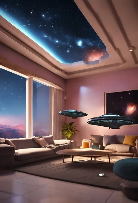 Generate an image of a cat peacefully sleeping on a sofa in a cozy living room. The view of the living room ceiling suddenly changes as a spaceship appears in the sky. The spaceship has a futuristic design and stands out prominently against the living room...