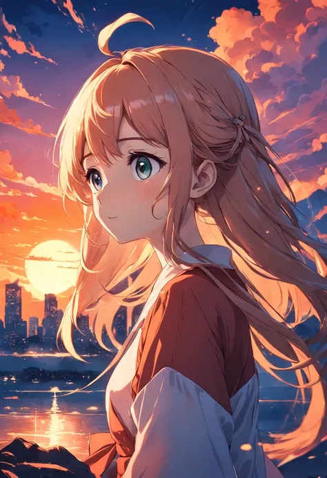 animesque, charicature, positive bright look, Illustration of a girl on beautiful sunset background