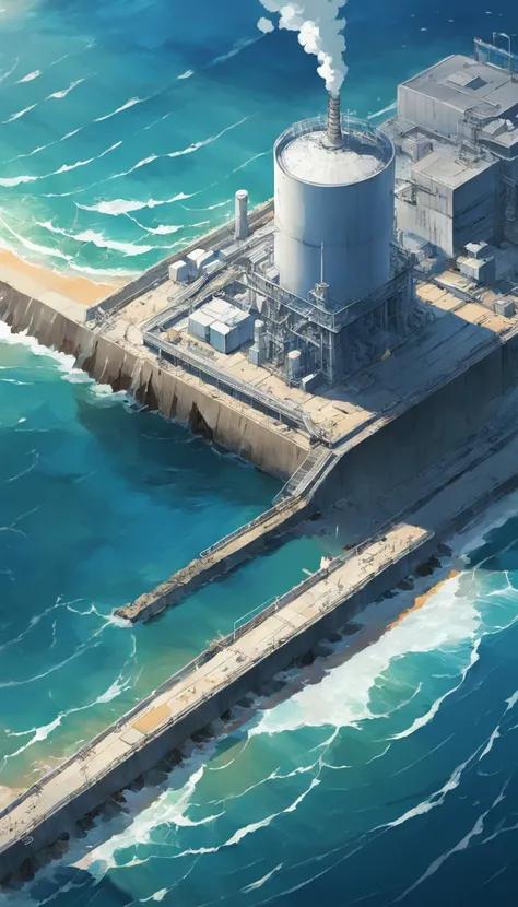 Depict the exterior of the Fukushima nuclear power plant, showing the discharge outlet pouring contaminated water into the ocean. Emphasize the contrast between the nuclear power plant and the vast sea