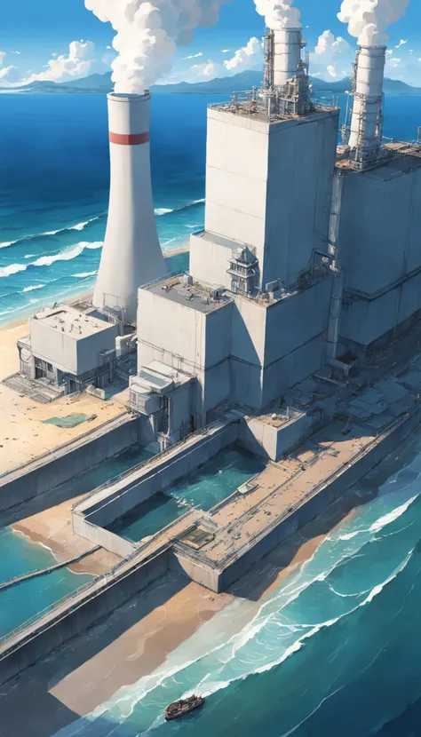 Depict the exterior of the Fukushima nuclear power plant, showing the discharge outlet pouring contaminated water into the ocean. Emphasize the contrast between the nuclear power plant and the vast sea