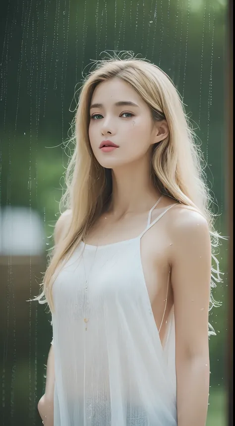 (top-quality、4k、​masterpiece:1.3)、Beautuful Women、1girl in、A sexy:1.1、a blond:1.1、(rainy wet、wet from the rain、a wet body:1.2)、white tank tops、hyperdetailed face、detailed lips、A detailed eye、二重まぶた、17 age