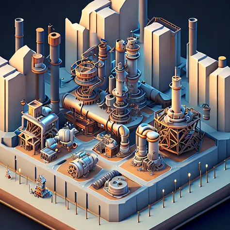 An epic RPG style scene with isometric view showing a cartoon world full of industrial and steam elements, factory theme, ((huge gear wheel), (steam), (industrial), (concrete and steel), like straight from the beloved RPG ripped out like mobile games or fa...