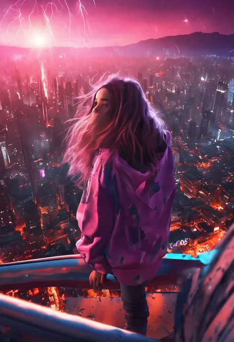 "Image Quality: 8K (Best Quality Scale: 1.2), Artistic Style: Realistic, Photorealistic Factor: 1.37, Clarity: Ultra High Definition, Subject:1girl flying above stunning cityscape ,hoodie,brown hair, neon color shooting stars, very long hair, off shoulder,...