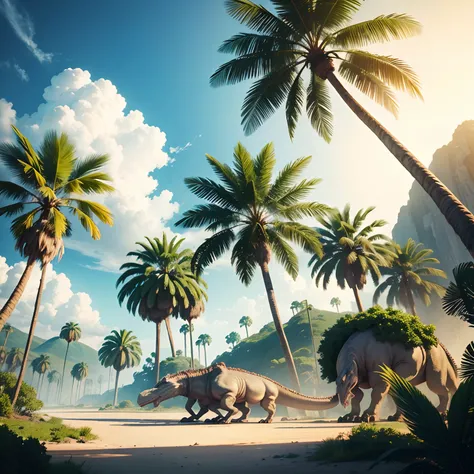 Prehistoric realistic scenery with gigantic palm trees and moving dinosaurs.