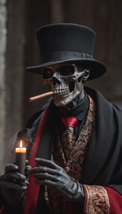 a skull-man, he is dressing a black cape and smoking a cigar, he wears a hat, he is classy, the background is a cemetery with bats and red candles, all the colors are black and red