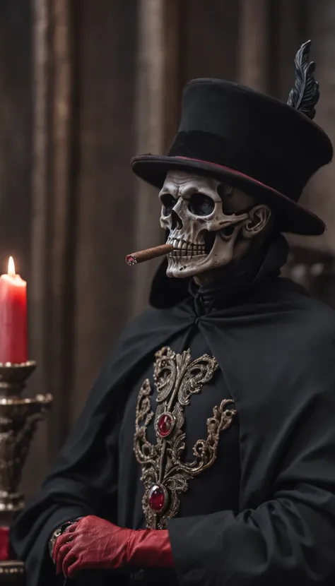 a skull-man, he is dressing a black cape and smoking a cigar, he wears a hat, he is classy, the background is a cemetery with bats and red candles, all the colors are black and red