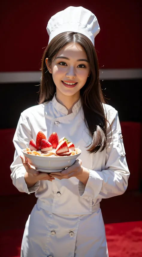 1girll，Home cook，Wear a chefs suit，Ultra high quality，With a smile，facing to audience，Strawberry cake in hand，