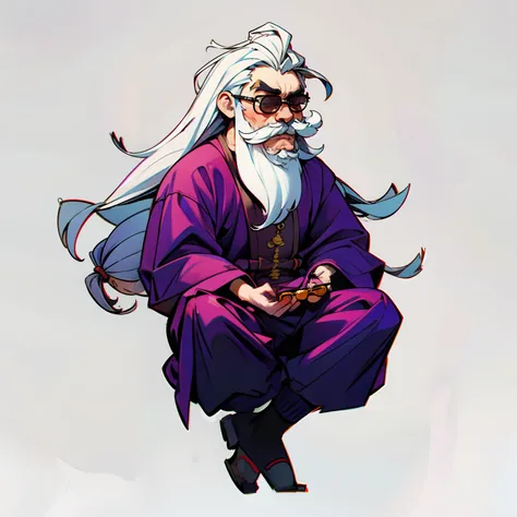 masutepiece, Best Quality, Full body shot, ((No background)), ((White background)), Meditation Master, Old man, Chibi, beard, mustache, dreadlocks, sunglasses,